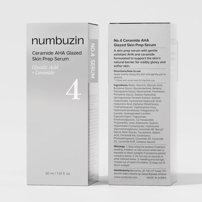 No.4 Serum | Ceramide AHA Glazed Skin Prep Serum | Exfoliating, Skin Barrier Repair, Face Peel, Korean Glass Face | Glycolic Acid, PHA, Ceramides, Panthenol | 1.01 Fl.Oz