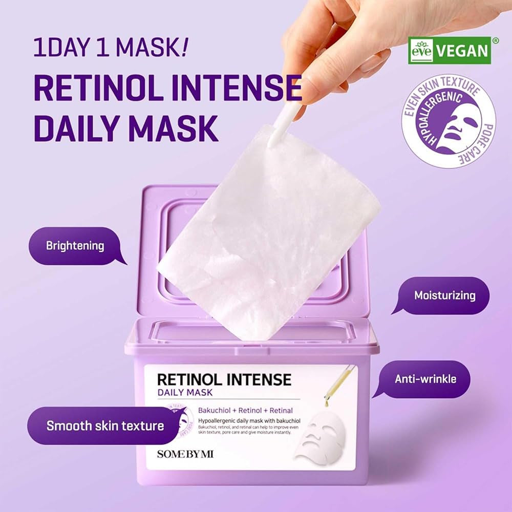 Retinol Intense Daily Mask - 30 Sheets, 11.8Oz - Mild Korean Retinol Vegan Face Sheet Mask for Glass Skin Routine - Skin Texture, Elasticity and Aging Sign Care - Korean Skin Care