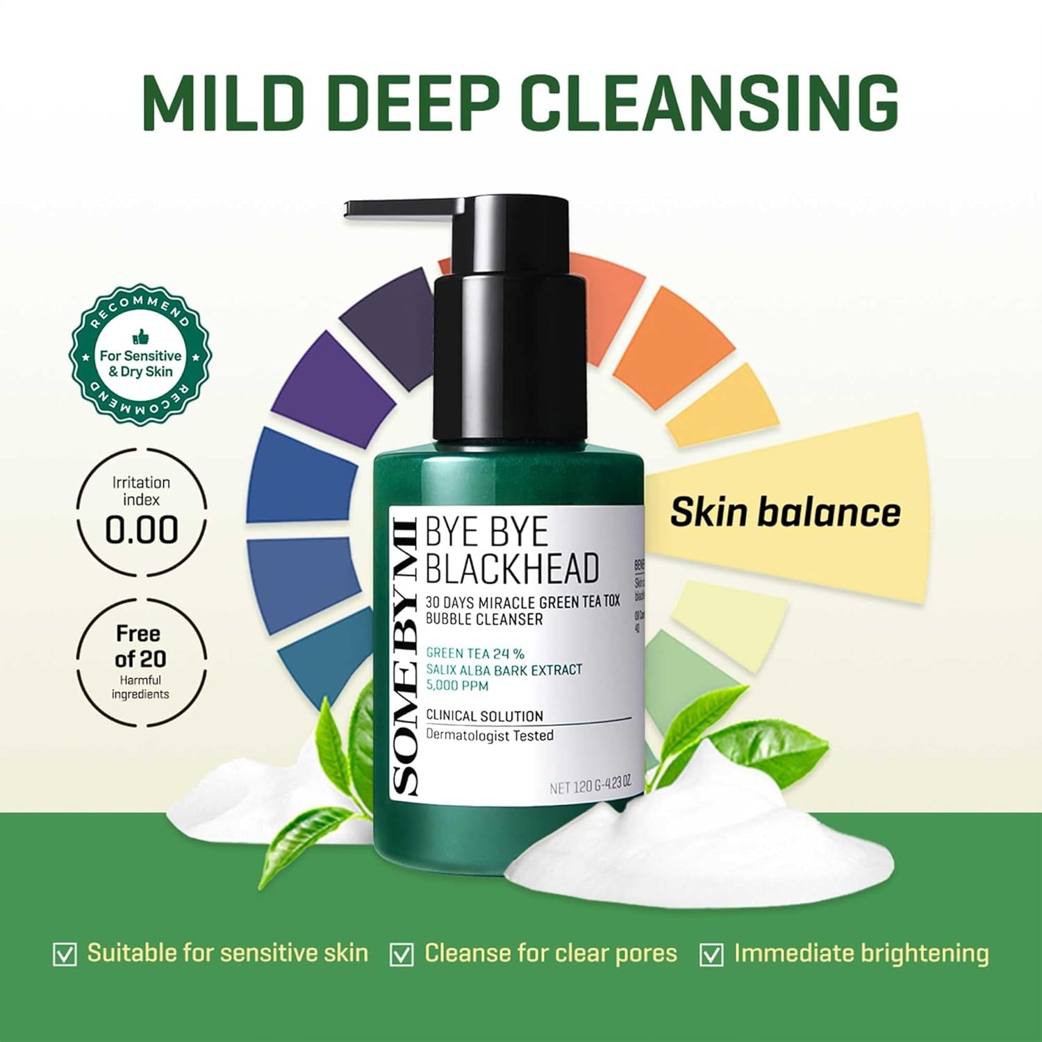 Bye Bye Blackhead 30 Days Miracle Green Tea Tox Bubble Cleanser – 4.23Oz, 120G – Korean Face Wash & Bubble Face Mask – Daily Blackhead-Removing Pore Minimizer for Face – Korean Skin Care