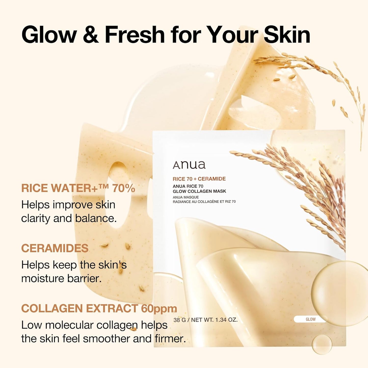 Rice 70 Glow Collagen Mask, Overnight Face Mask for Glass Skin, Ceramide, Collagen Facial Mask, Skin Moisture Barrier, Tightening Care, Natural Color, Korean Skin Care (38G, 4Ea)