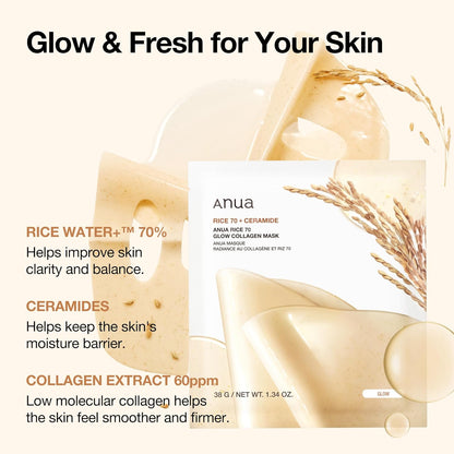 Rice 70 Glow Collagen Mask, Overnight Face Mask for Glass Skin, Ceramide, Collagen Facial Mask, Skin Moisture Barrier, Tightening Care, Natural Color, Korean Skin Care (38G, 4Ea)