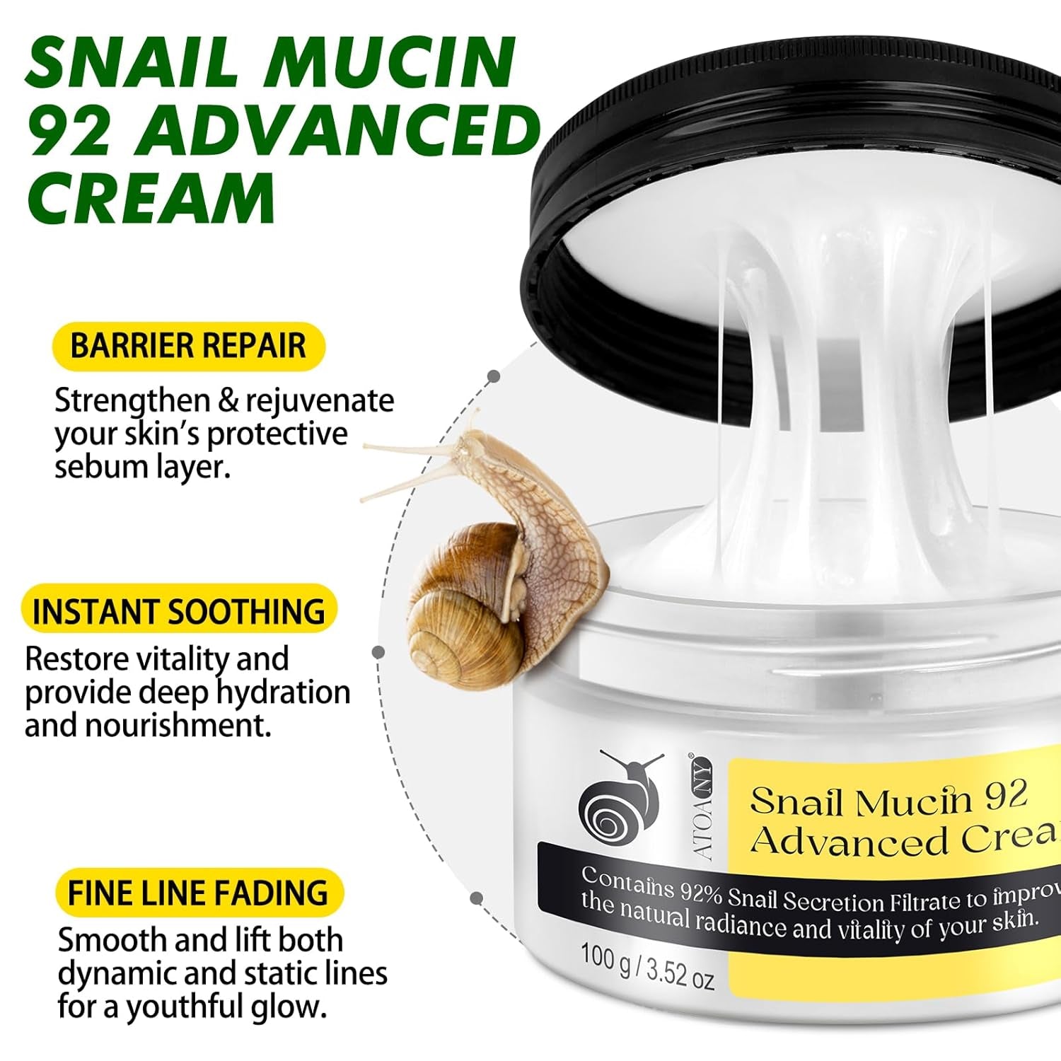 Snail Mucin 92% Repair Serum Cream - Face Moisturizer Hydrating anti Age Firming Wrinkle Reduction Daily Repair Snail Mucin Face Cream for Dry & Sensitive Skin, All Skin Types-100 G/3.52 Oz