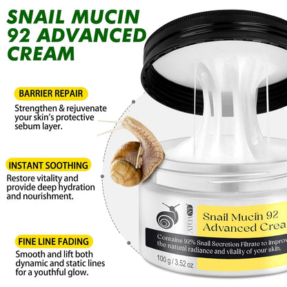 Snail Mucin 92% Repair Serum Cream - Face Moisturizer Hydrating anti Age Firming Wrinkle Reduction Daily Repair Snail Mucin Face Cream for Dry & Sensitive Skin, All Skin Types-100 G/3.52 Oz