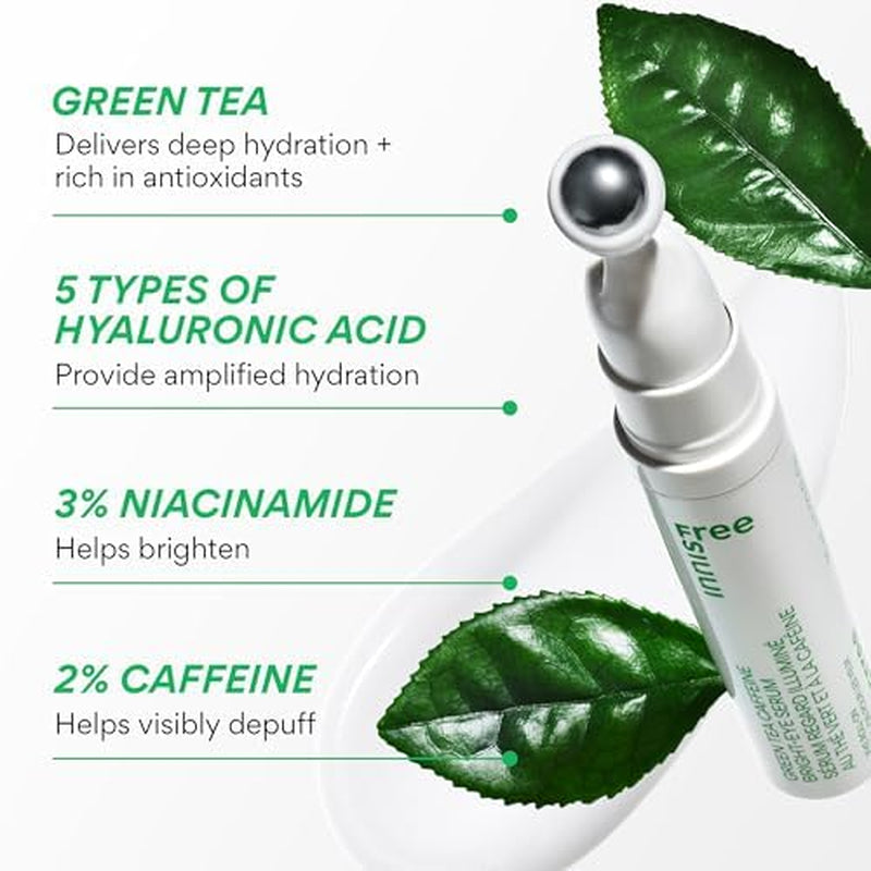 Green Tea Caffeine Depuffing Eye Serum with Niacinamide, Cooling Korean Eye Roll-On for Hydration and Brightening