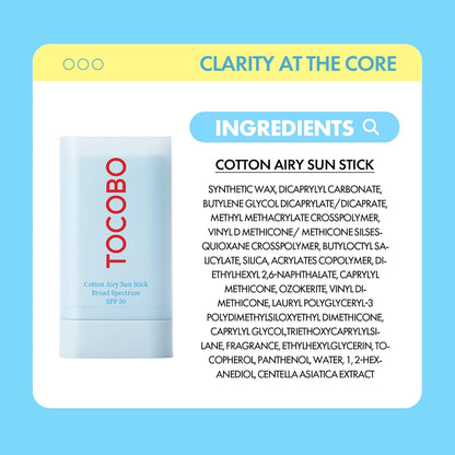 Cotton Airy Sun Stick SPF 50 Broad Spectrum Korean Matte Sunscreen Stick for Face - Travel Size Sebum Control Sunblock -Vegan, Lightweight, Non-Sticky 0.67 Oz
