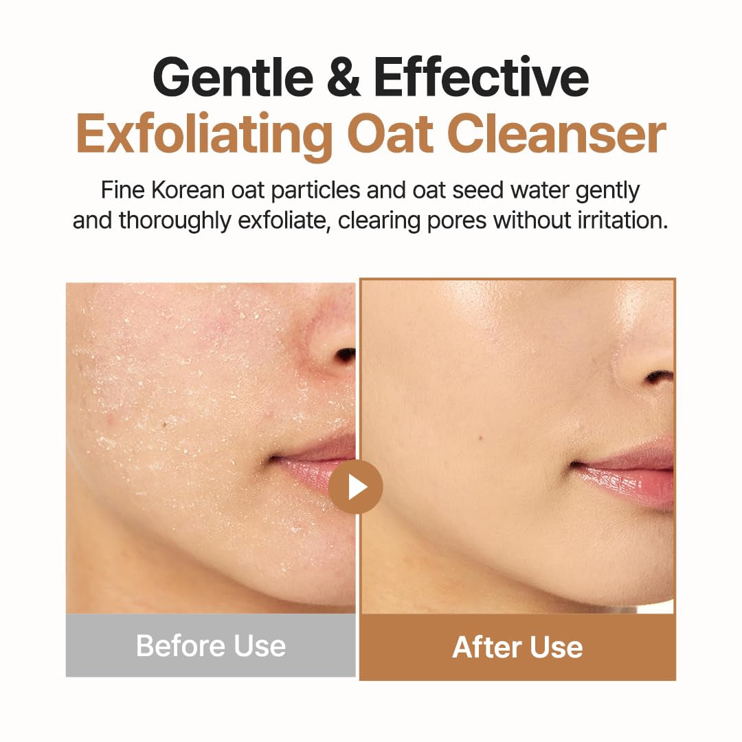 Oat Exfoliating Facial Polish Cleanser - Hydrating Daily Face Wash with Gentle Scrub Clay Pore Minimizing Panthenol, Oat Seed Water Vegan, Non-Comedogenic Korean Skin Care 5.07 Fl.Oz
