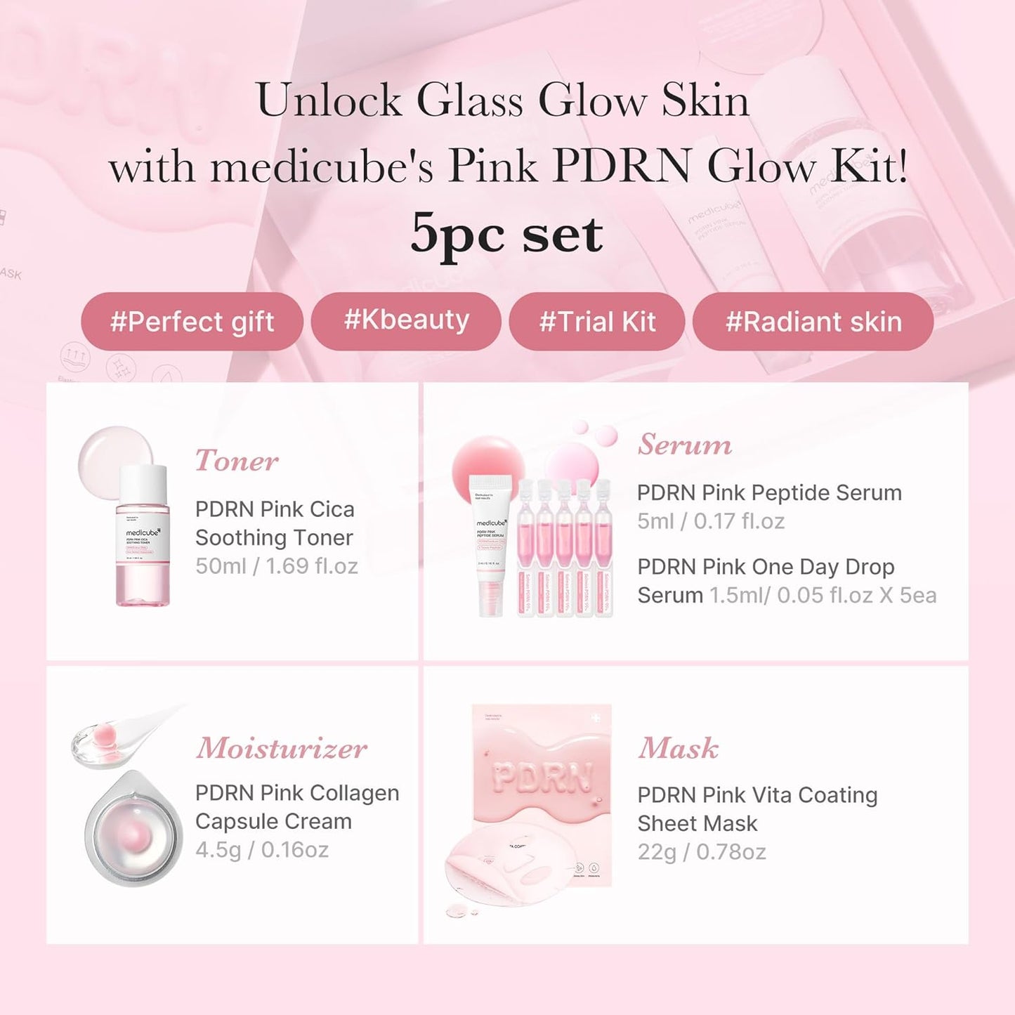 Salmon DNA PDRN Trial Kit | Glass Glow Mini Skincare Set with Toner, Serum & Sheet Mask for Hydrating, Firming, Moisturizing |Gift & Travel Essentials for Women & Girls | Korean Skincare