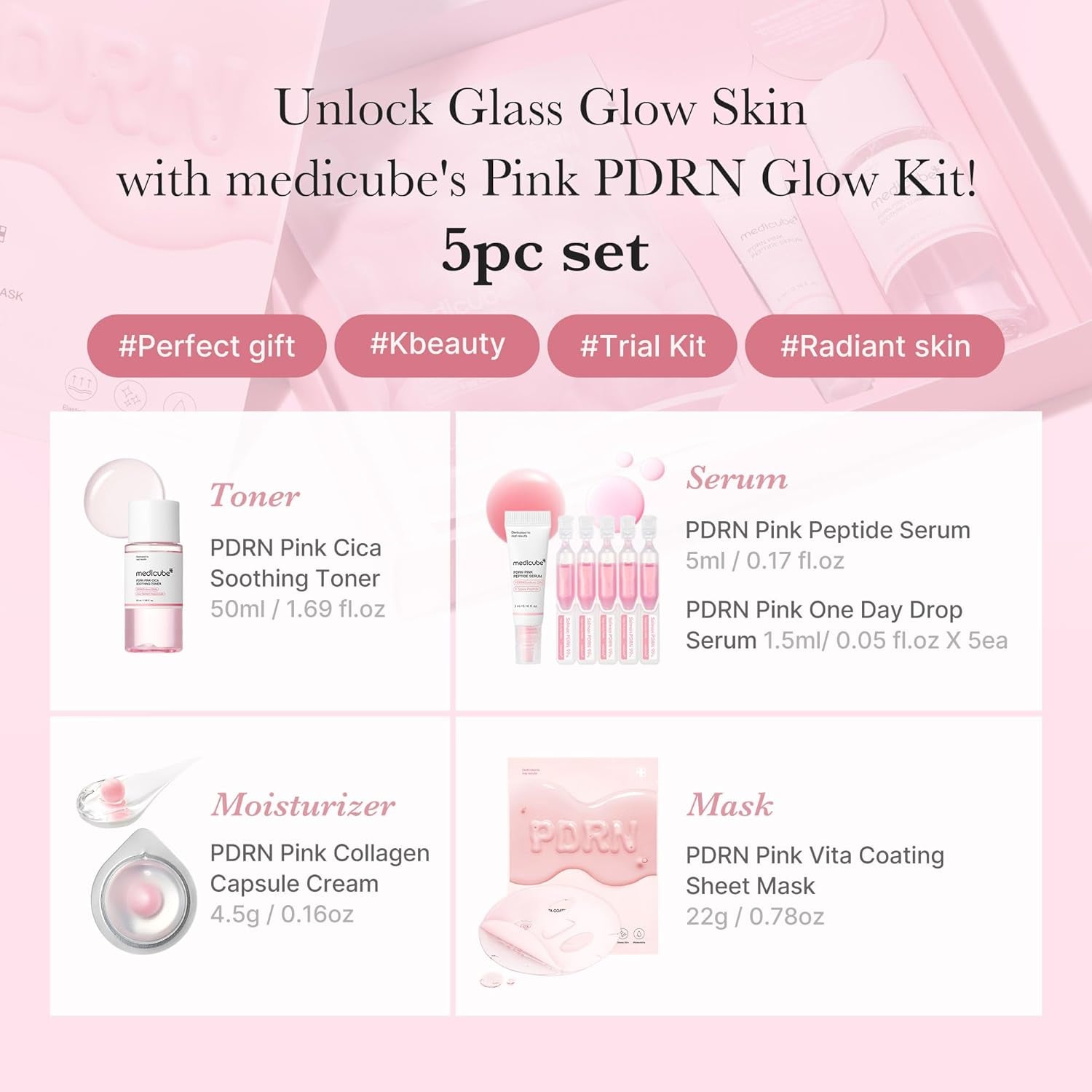 Salmon DNA PDRN Trial Kit | Glass Glow Mini Skincare Set with Toner, Serum & Sheet Mask for Hydrating, Firming, Moisturizing |Gift & Travel Essentials for Women & Girls | Korean Skincare