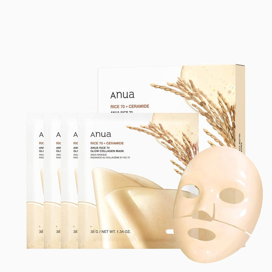 Rice 70 Glow Collagen Mask, Overnight Face Mask for Glass Skin, Ceramide, Collagen Facial Mask, Skin Moisture Barrier, Tightening Care, Natural Color, Korean Skin Care (38G, 4Ea)