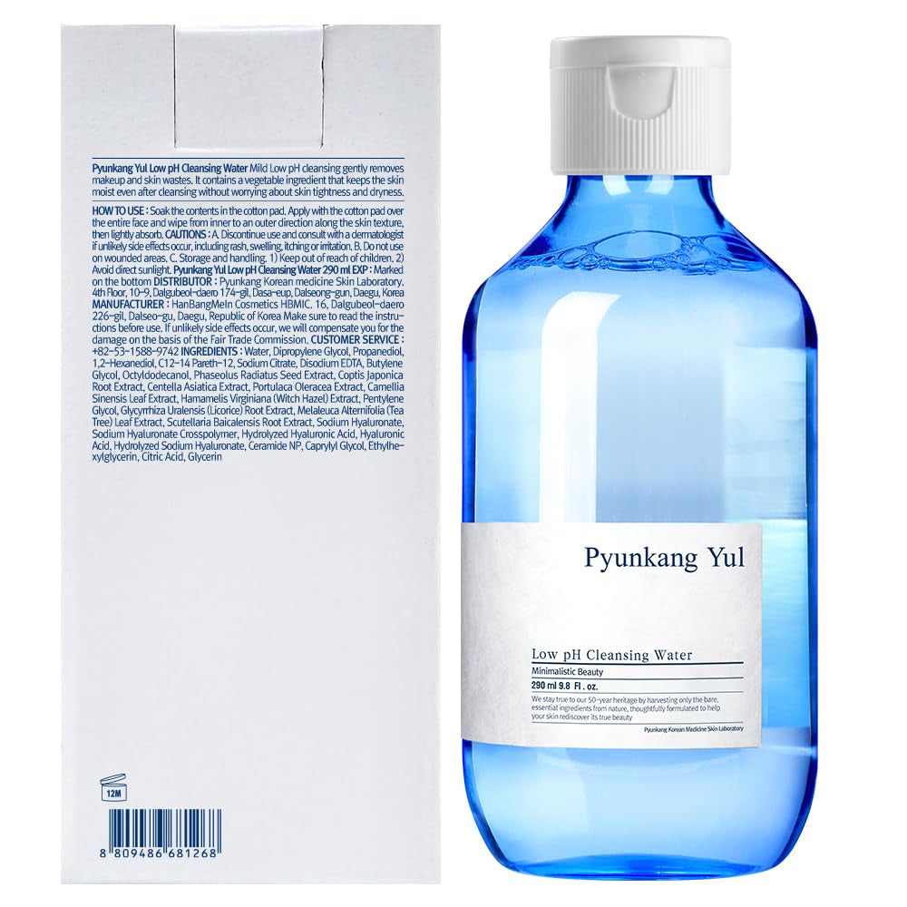 PKY Low Ph Cleansing Water Makeup Remover Face Cleanser with Witch Hazel and AHA - Cica, Tea Tree Extract Natural Ingredients Ceramide Micellar Water 9.8 Fl Oz