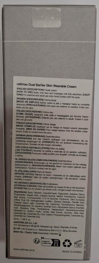 Dual Barrier Skin Wearable Cream | Long Lasting Cream Face Moisturizer with Ceramides, Hyaluronic Acid, Moisturizing, Hydrating, Soothing, Repairing, Day & Night Cream, 50Ml
