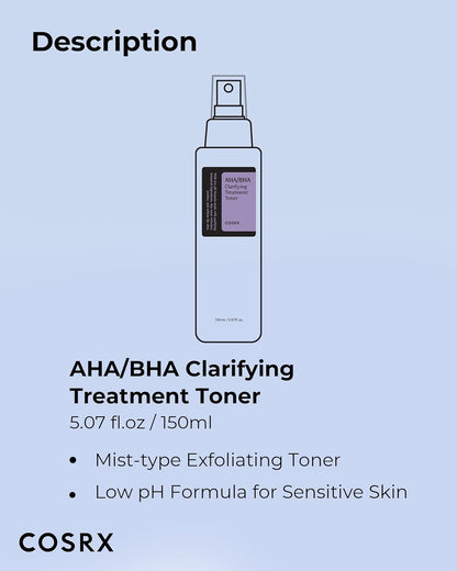 AHA/BHA Treatment Toner 5.07 Fl.Oz/ 150Ml, Facial Exfoliating Spray for Whiteheads, Pores, & Uneven Skin, Korean Toner, Not Tested on Animals, No Parabens, No Sulfates, Korean Skin Care
